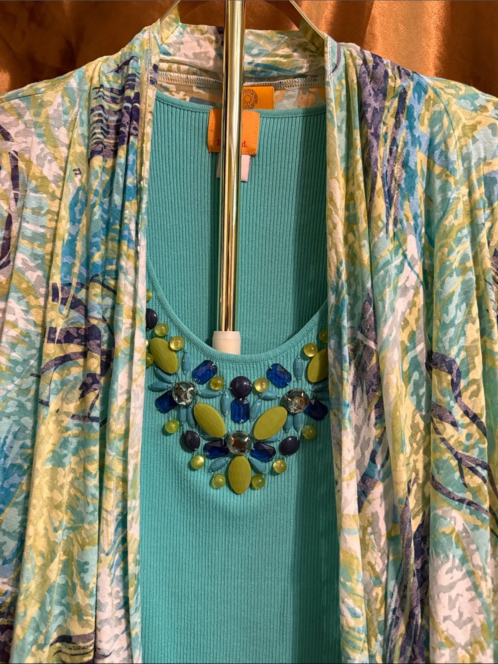 Ruby Rd. Aqua Ribbed Tank with Aqua-Blue Printed Cardigan